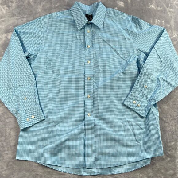 Jos A Bank Shirt Men Large Turquoise Gingham Check Cotton Travelers Button Front - Picture 2 of 16